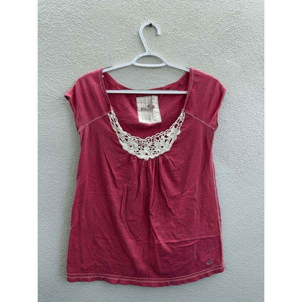 Hollister Womens Shirt Size Large Pink Cap Sleeve Crochet Neckline 2000s Y2K